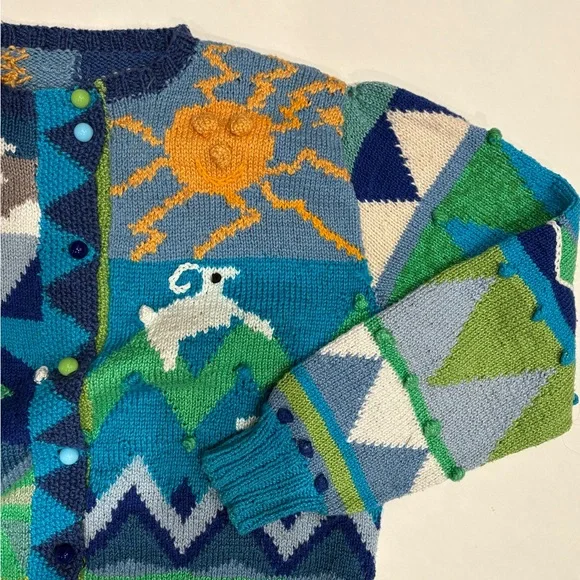 Colorful Hand-Knit Mountain & Sheep Cardigan - Blue/Green Palette - Picture 3 of 7